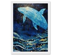 Artery8 Wall Art Print Blue Whale Breach in Winter Waters Moonlit Seascape Waves Artwork Framed A4 in White Artery8 White A4