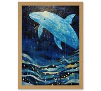 Artery8 Wall Art Print Blue Whale Breach in Winter Waters Moonlit Seascape Waves Artwork Framed A4 in Light Oak Artery8 Light Oak A4