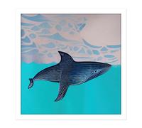 Artery8 Wall Art Print Blue Whale Peaceful Ocean Watercolour Pattern Sky Square Framed Picture 16X16 Inch in White | Size: W16" x H16" Artery8 White W16" x H16"