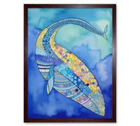 Artery8 Wall Art Print Blue Whale With Multicolour Patterns Folk Art Watercolour Painting Art Framed in Brown | Size: W12" x H16" Artery8 Brown W12" x H16"