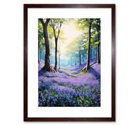 Artery8 Bluebell Forest Sunshine Vibrant Artwork Purple Blue Flowers Early Morning Serene Landscape Artwork Framed Wall Art Print 9X7 Inch