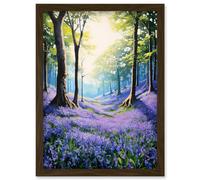 Artery8 Wall Art Print Bluebell Forest Sunshine Vibrant Artwork Purple Blue Flowers Early Morning Serene Landscape Artwork Framed A4 in Brown Artery8 Brown A4