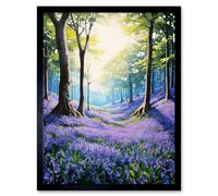 Artery8 Wall Art Print Bluebell Forest Sunshine Vibrant Artwork Purple Blue Flowers Early Morning Serene Landscape Art Framed | Size: W12" x H16" Artery8 Black W12" x H16"