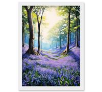 Wall Art Print Bluebell Forest Sunshine Vibrant Artwork Purple Blue Flowers Early Morning Serene Landscape Artwork Framed A4 Artery8 White A4