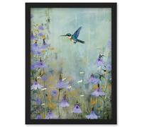 Artery8 Wall Art Print Bluebell Hummingbird Pastel Painting Nectar Flowers Field Oil Painting Colour Artwork Framed A4 in Black Artery8 Black A4