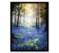 Artery8 Wall Art Print Bluebell Wood Spring Flower Woodland Scene Oil Painting Forest Landscape Art Framed in Black | Size: W12" x H16" Artery8 Black W12" x H16"