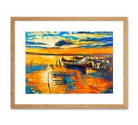 Artery8 Wall Art Print Boat by The Dock at Sunset Art Framed 9x7 inch in Beige | Size: W7" x H9" Artery8 Beige W7" x H9"