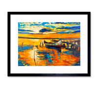 Artery8 Wall Art Print Boat by The Dock at Sunset Art Framed 9x7 inch in Black | Size: W7" x H9" Artery8 Black W7" x H9"