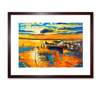 Artery8 Wall Art Print Boat by The Dock at Sunset Art Framed 9x7 inch in Brown | Size: W7" x H9" Artery8 Brown W7" x H9"
