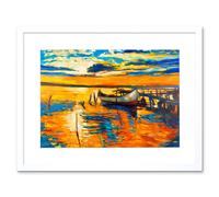Artery8 Wall Art Print Boat by The Dock at Sunset Art Framed 9x7 inch in White | Size: W7" x H9" Artery8 White W7" x H9"