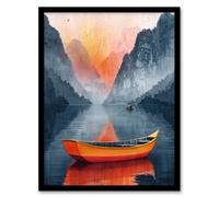 Artery8 Wall Art Print Boat in Lake Serene Mountain Landscape Sunrise Art Framed Poster in Black | Size: A4 Artery8 Black A4
