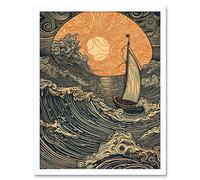 Artery8 Wall Art Print Boat Sailing into the Sunset Linocut Art Framed in White | Size: W12" x H16" Artery8 White W12" x H16"