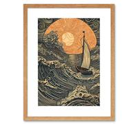 Artery8 Wall Art Print Boat Sailing into the Sunset Linocut Artwork Framed 9X7 Inch in Beige | Size: W7" x H9" Artery8 Beige W7" x H9"