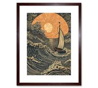 Artery8 Wall Art Print Boat Sailing into the Sunset Linocut Artwork Framed 9X7 Inch in Brown | Size: W7" x H9" Artery8 Brown W7" x H9"