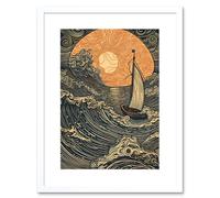 Artery8 Wall Art Print Boat Sailing into the Sunset Linocut Artwork Framed 9X7 Inch in White | Size: W7" x H9" Artery8 White W7" x H9"
