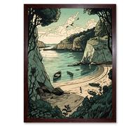 Artery8 Wall Art Print Boat Trip to a Secluded Beach Coastal Landscape Art Framed in Brown | Size: W12" x H16" Artery8 Brown W12" x H16"