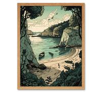 Artery8 Wall Art Print Boat Trip to a Secluded Beach Coastal Landscape Art Framed in Light Oak | Size: W12" x H16" Artery8 Light Oak W12" x H16"