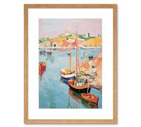 Artery8 Wall Art Print Boats in Harbour Fishing Village Coastal Landscape Colourful Abstract Watercolour Painting Artwork Framed 9X7 Inch Artery8 Beige W7" x H9"