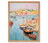 Artery8 Wall Art Print Boats in Harbour Fishing Village Coastal Landscape Colourful Abstract Watercolour Painting Art Framed | Size: W12" x H16" Artery8 Light Oak W12" x H16"