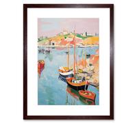 Artery8 Wall Art Print Boats in Harbour Fishing Village Coastal Landscape Colourful Abstract Watercolour Painting Artwork Framed 9X7 Inch Artery8 Brown W7" x H9"