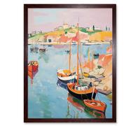 Artery8 Wall Art Print Boats in Harbour Fishing Village Coastal Landscape Colourful Abstract Watercolour Painting Art Framed | Size: W12" x H16" Artery8 Brown W12" x H16"