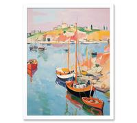 Artery8 Wall Art Print Boats in Harbour Fishing Village Coastal Landscape Colourful Abstract Watercolour Painting Art Framed | Size: W12" x H16" Artery8 White W12" x H16"