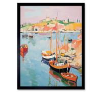 Artery8 Wall Art Print Boats in Harbour Fishing Village Coastal Landscape Colourful Abstract Watercolour Painting Art Framed | Size: W12" x H16" Artery8 Black W12" x H16"