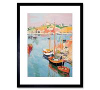 Artery8 Wall Art Print Boats in Harbour Fishing Village Coastal Landscape Colourful Abstract Watercolour Painting Artwork Framed 9X7 Inch Artery8 Black W7" x H9"
