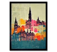 Artery8 Framed Wall Art Boho Abstract Multi Coloured Cityscape Skyline Painting Folk - 12X16 Inch