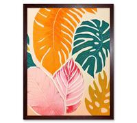 Artery8 Wall Art Print Boho Monstera Leaf Orange Pink & Green Art Framed in Brown | Size: W12" x H16" Artery8 Brown W12" x H16"