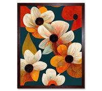 Artery8 Wall Art Print Bold Colourful Daisies & Poppy Flowers Cobalt Orange Art Framed in Brown | Size: W12" x H16" Artery8 Brown W12" x H16"