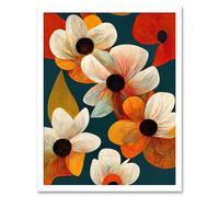 Artery8 Wall Art Print Bold Colourful Daisies & Poppy Flowers Cobalt Orange Art Framed in White | Size: W12" x H16" Artery8 White W12" x H16"