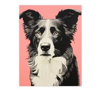 Artery8 Wall Art Print Border Collie Dog Pastel Tone Duotone Screen Black White & Peach Pink Risograph Artwork Spot Block Colour Duotone Retro Riso Artery8 Multicolor W12" x H16"