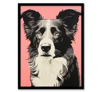 Artery8 Wall Art Print Border Collie Dog Pastel Tone Duotone Screen Black White & Peach Pink Risograph Artwork Spot Block Colour Duotone Retro Riso Artery8 Black W12" x H16"