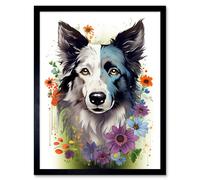 Artery8 Wall Art Print Border Collie Dog Pict Scotland Blue Basant Face Bright Artwork Portrait with Wildflowers Art Framed | Size: W12" x H16" Artery8 Black W12" x H16"