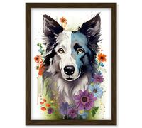 Artery8 Border Collie Dog Pict Scotland Blue Bawsant Face Bright Artwork Portrait with Wildflowers Artwork Framed Wall Art Print A4