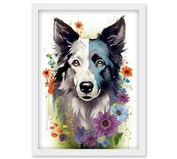 Wall Art Print Border Collie Dog Pict Scotland Blue Basant Face Bright Artwork Portrait with Wildflowers Artwork Framed A4 Artery8 White A4
