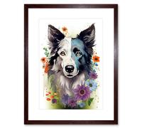 Artery8 Wall Art Print Border Collie Dog Pict Scotland Blue Basant Face Bright Artwork Portrait with Wildflowers Artwork Framed 9X7 Inch Artery8 Brown W7" x H9"