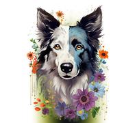 Wall Art Print Border Collie Dog Pict Scotland Blue Basant Face Bright Artwork Portrait with Wildflowers Poster Artery8 White W24 inch x H32 inch