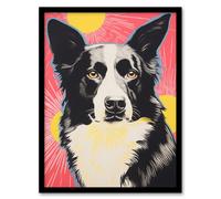 Artery8 Border Collie Dog Sunburst Retro Bold Vibrant Screen Print Risograph Artwork Spot Block Colour Duotone Riso Interior Design Artwork Framed Wall Art Print A4