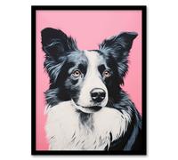 Artery8 Border Collie Pastel Pink Screen Print Risograph Artwork Spot Block Colour Duotone Retro Riso Interior Design Artwork Framed Wall Art Print A4