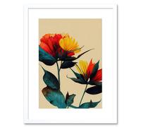 Artery8 Wall Art Print Botanical Bold Flowering Yellow Red Teal Artwork Framed 9X7 Inch in White | Size: W7" x H9" Artery8 White W7" x H9"