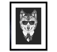 Artery8 Wall Art Print Bow Tie Wolf with Sunglasses Art Framed 9x7 inch in Black | Size: W7" x H9" Artery8 Black W7" x H9"