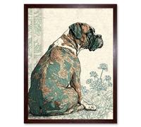 Artery8 Wall Art Print Boxer Dog with Floral Pattern Fur Coat Modern Watercolour & Ink Art Framed in Brown | Size: W12" x H16" Artery8 Brown W12" x H16"