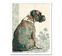 Artery8 Wall Art Print Boxer Dog with Floral Pattern Fur Coat Modern Watercolour & Ink Art Framed in White | Size: W12" x H16" Artery8 White W12" x H16"