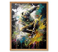 Artery8 Wall Art Print Break Dancer B-Boy Dancing Splatter Paint Portrait Art Framed in Light Oak | Size: W12" x H16" Artery8 Light Oak W12" x H16"