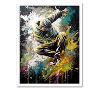 Artery8 Wall Art Print Break Dancer B-Boy Dancing Splatter Paint Portrait Art Framed in White | Size: W12" x H16" Artery8 White W12" x H16"