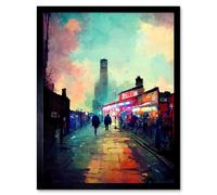 Artery8 Wall Art Print Brick Lane London 1960's Night Street Scene Oil Painting Art Framed in Black | Size: W12" x H16" Artery8 Black W12" x H16"