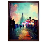 Artery8 Wall Art Print Brick Lane London 1960's Night Street Scene Oil Painting Art Framed in Brown | Size: W12" x H16" Artery8 Brown W12" x H16"
