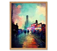 Artery8 Wall Art Print Brick Lane London 1960's Night Street Scene Oil Painting Art Framed in Light Oak | Size: W12" x H16" Artery8 Light Oak W12" x H16"